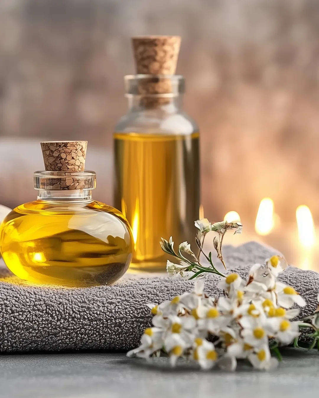 Relaxing spa setup with essential oils, stones, and flowers on a soft towel in a serene atmosphere