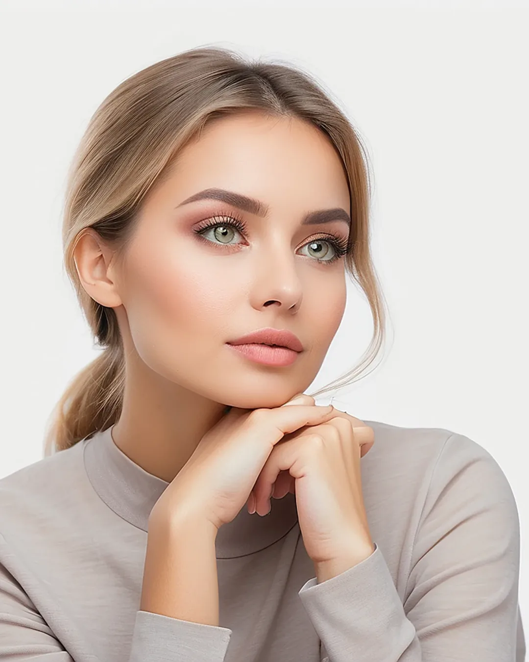 Cute thinking woman looking away isolated on white background