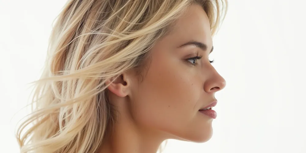 Portrait of a beautiful young woman with long blond hair.