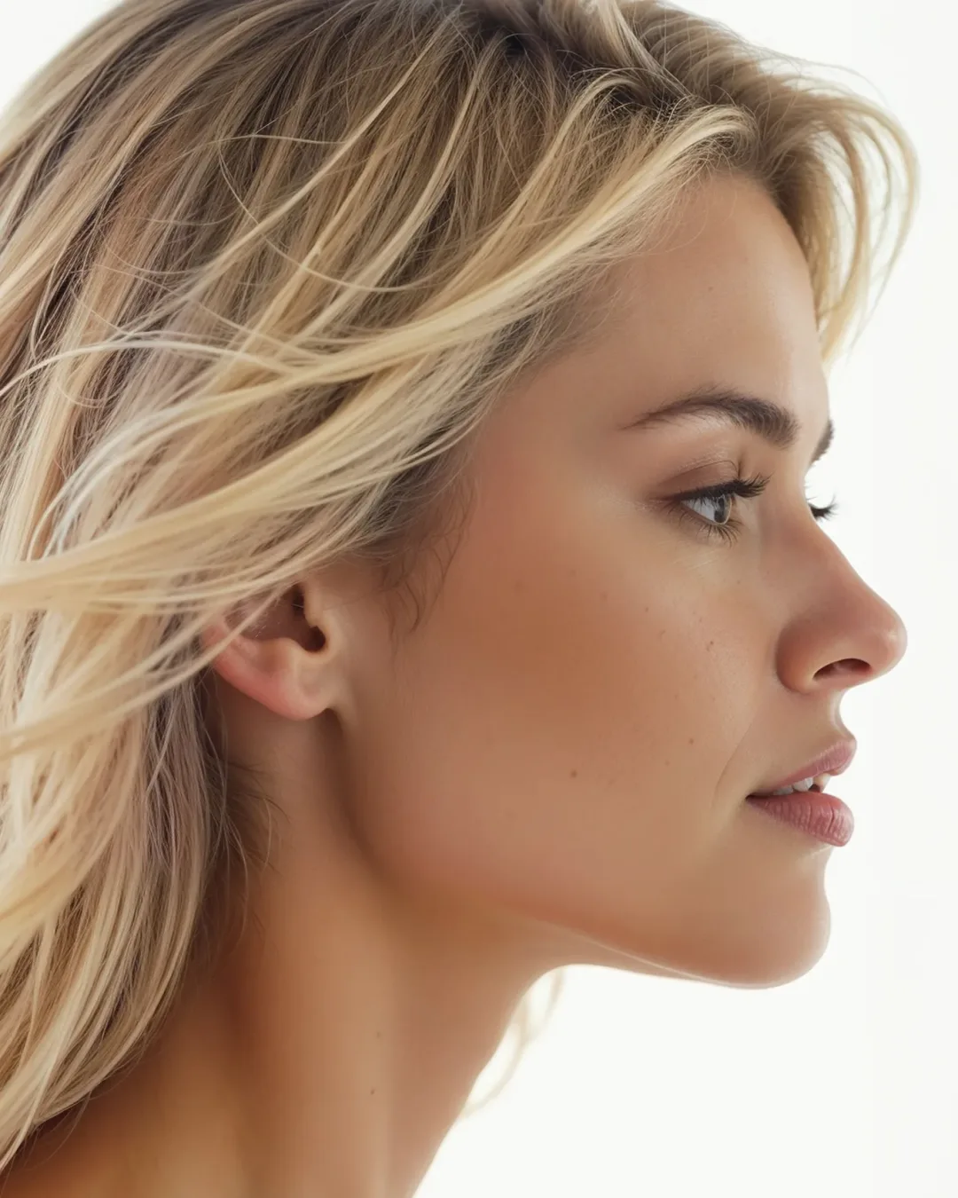 Portrait of a beautiful young woman with long blond hair.